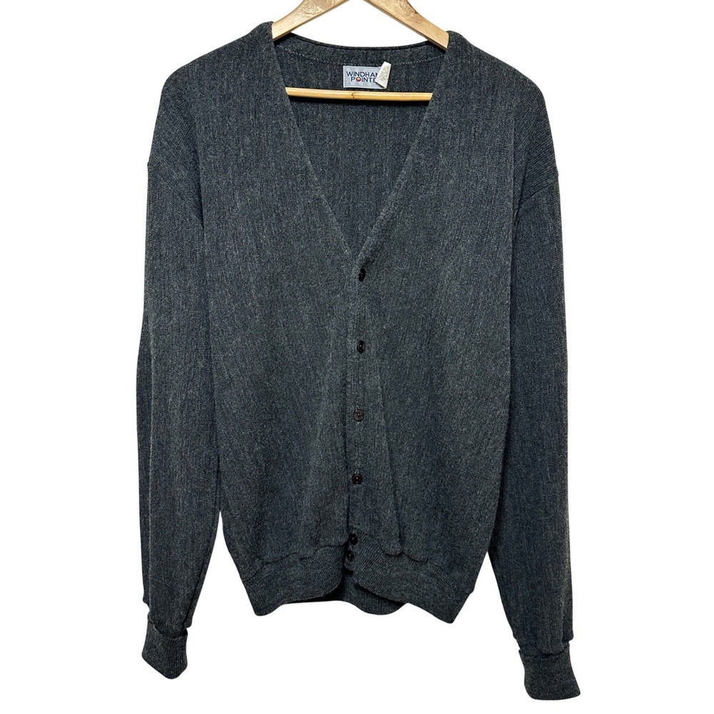 Vintage Windham Pointe Mens V-Neck Cardigan Sweater Medium Gray USA‎ Dadcore